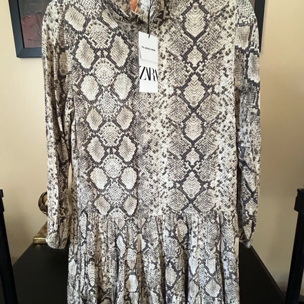 Zara Beige Snake-Print Ruffle-Hem Mini Dress with Neutral Tones - Picture 3 of 3